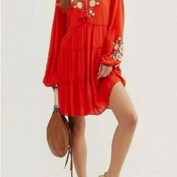 Free People Spell On You Poppy Red Floral Embroidered Peasant Dress Medium - Picture 4 of 10